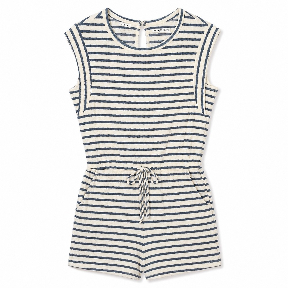 Wasabi + Mint Textured Romper Small Blue Stripe Pockets Drawstring